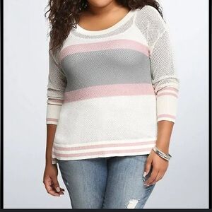 TORRID Women's open stitch net Summer Striped Sweater - Cream, Pink, and Gray 3